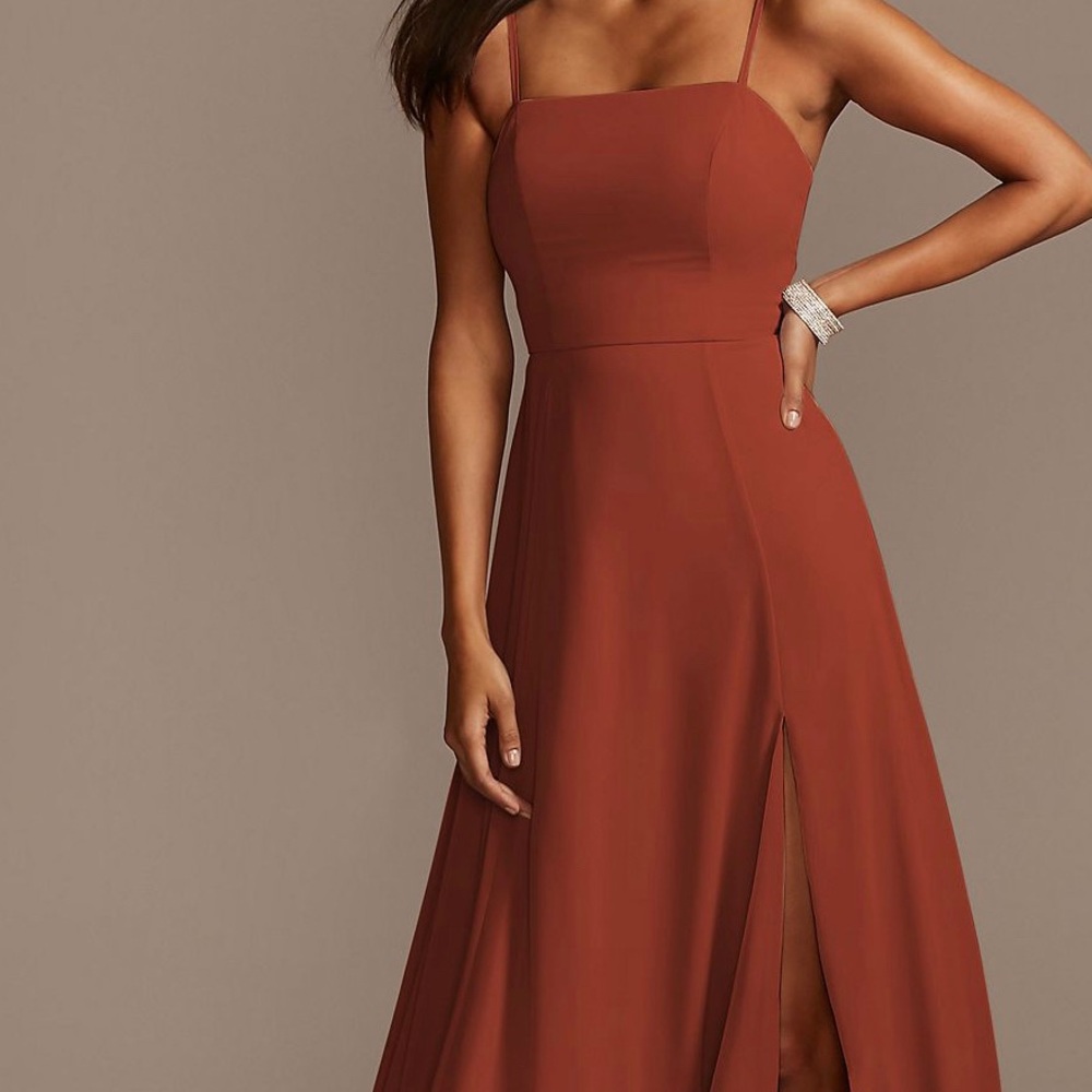 David’s Bridal Spaghetti Strap Chiffon Bridesmaid Dress with Slit in Cinnamon